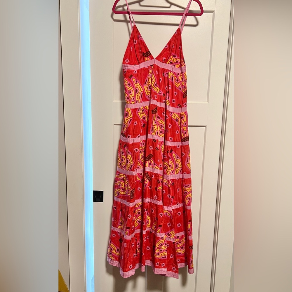 Farm Rio Red Tiki Bananas Maxi Tiered Tropical African Satin Maxi Dress NWT